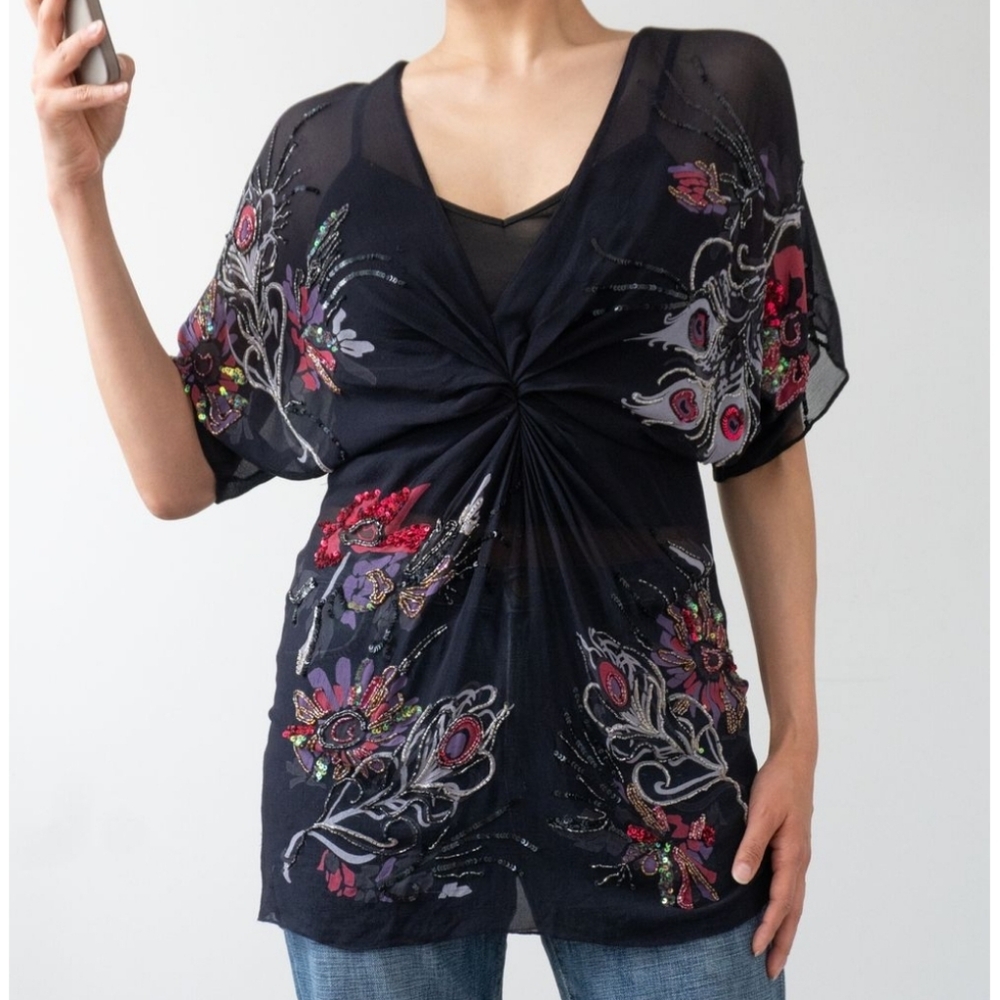 All Saints Sillk Beaded  Tunic Top Black Size 8